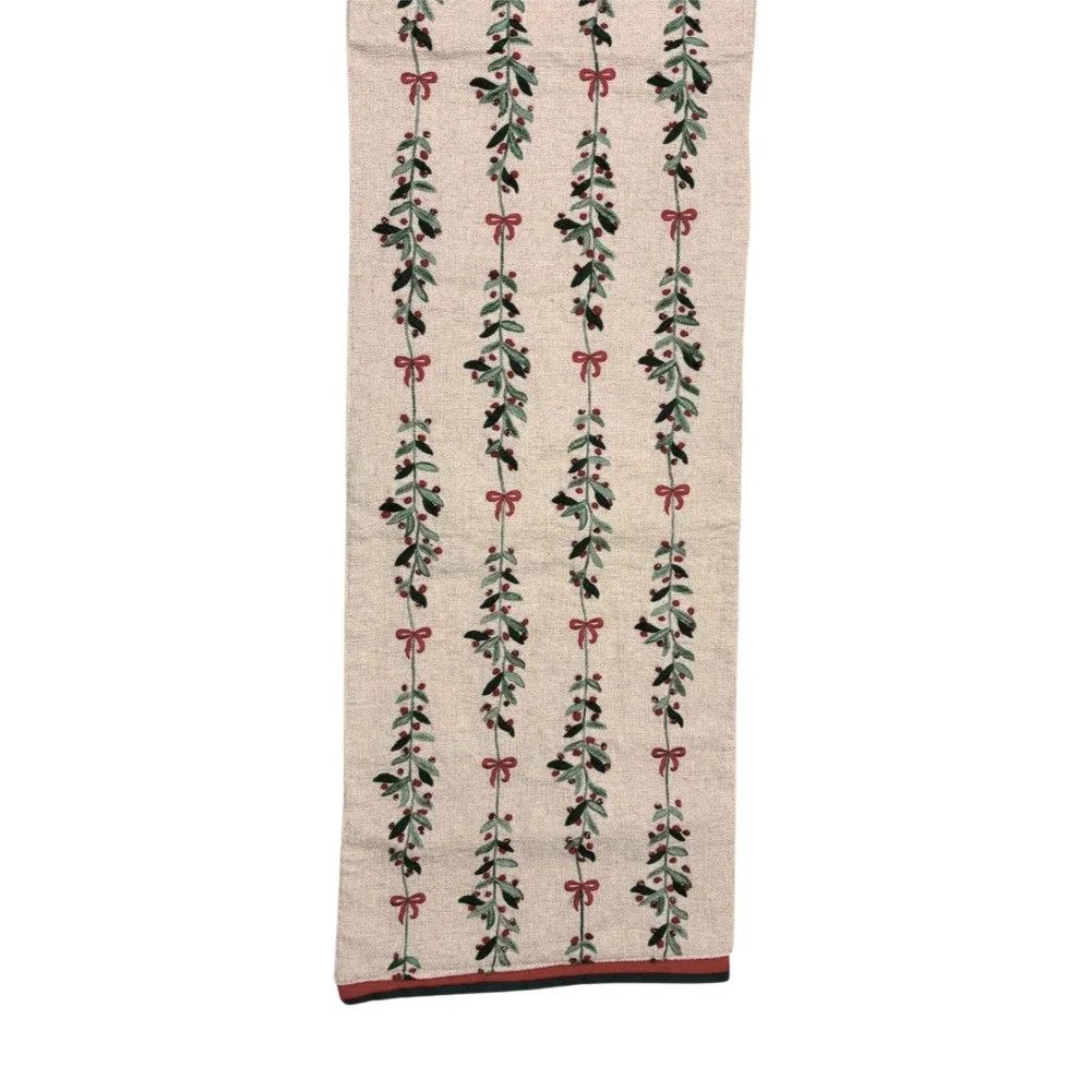 TAHARI Home Christmas Table Runner Natural Red and Green Holly Silver 16